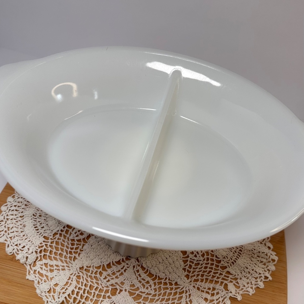 Vintage Fire-King Divided Milk Glass Casserole Dish w/Handles USA